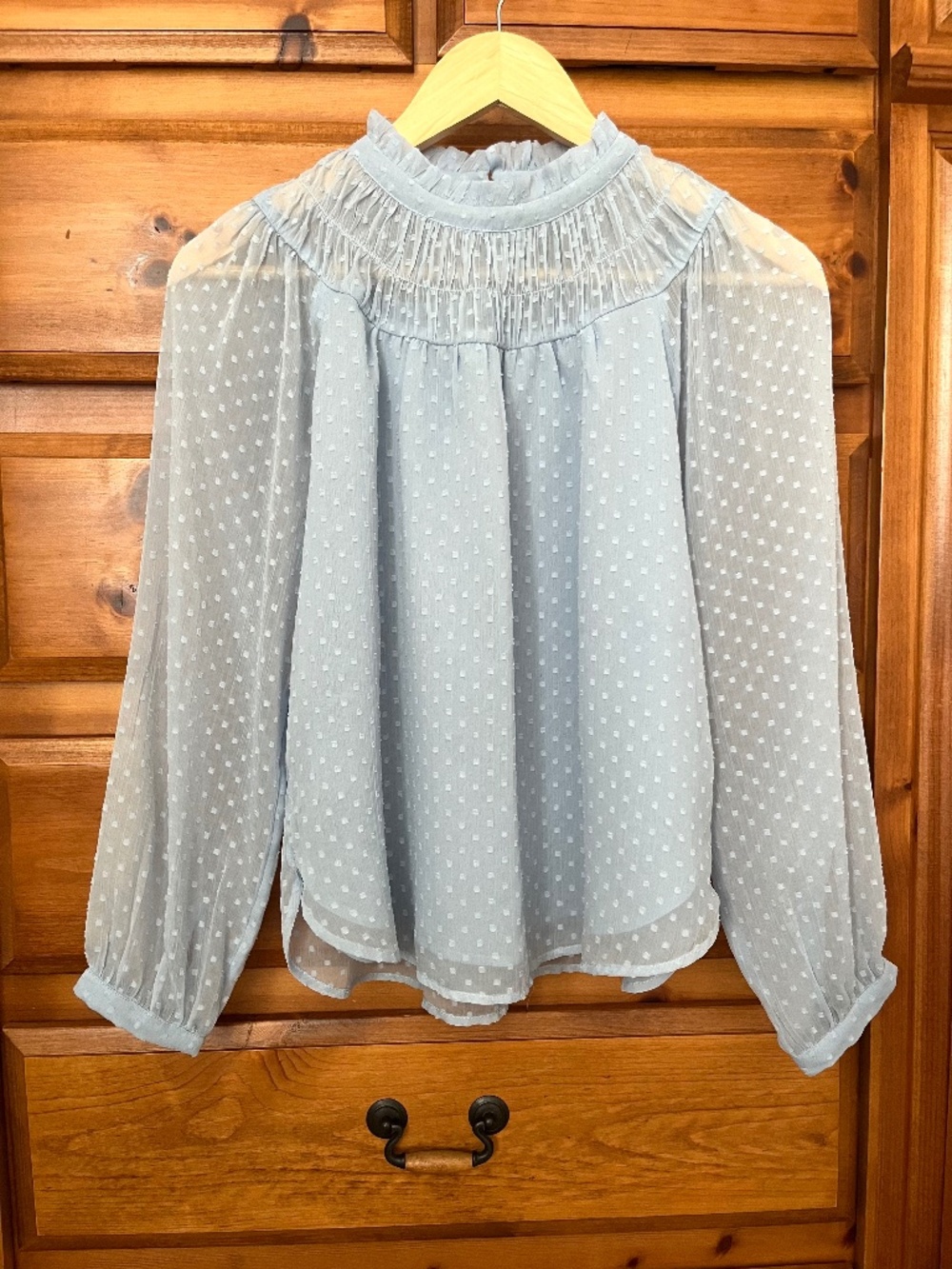 Loft Women’s Long Sleeve Blouse Swiss Dot Size S Petite Blue